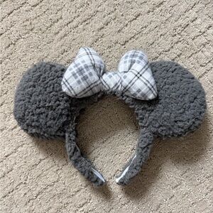 Gray Fuzzy Minnie Ears with Plaid Bow Headband